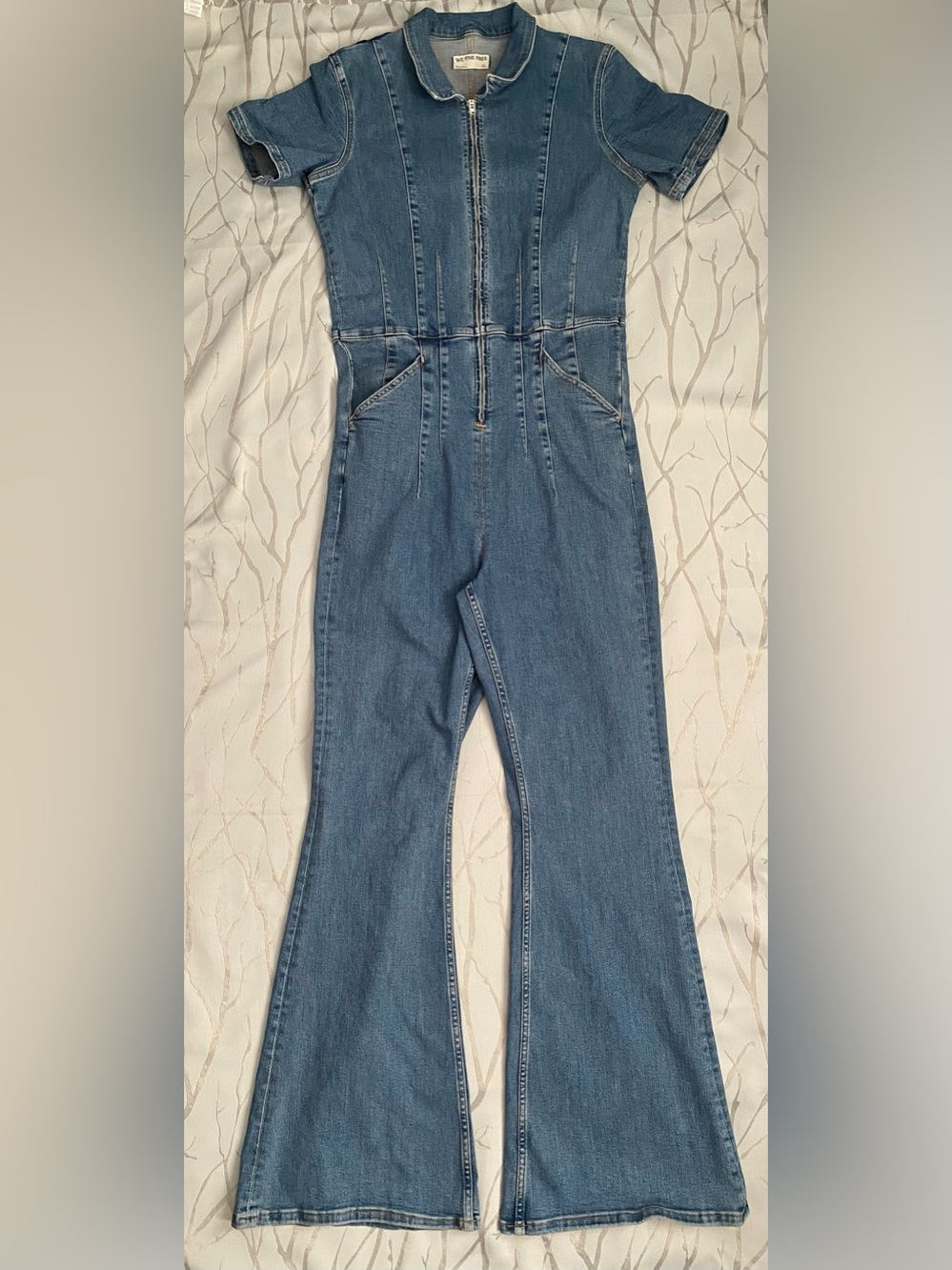 We The Free Jayde Flare Denim Jumpsuit Short Sleeve Zip Front Blue XL